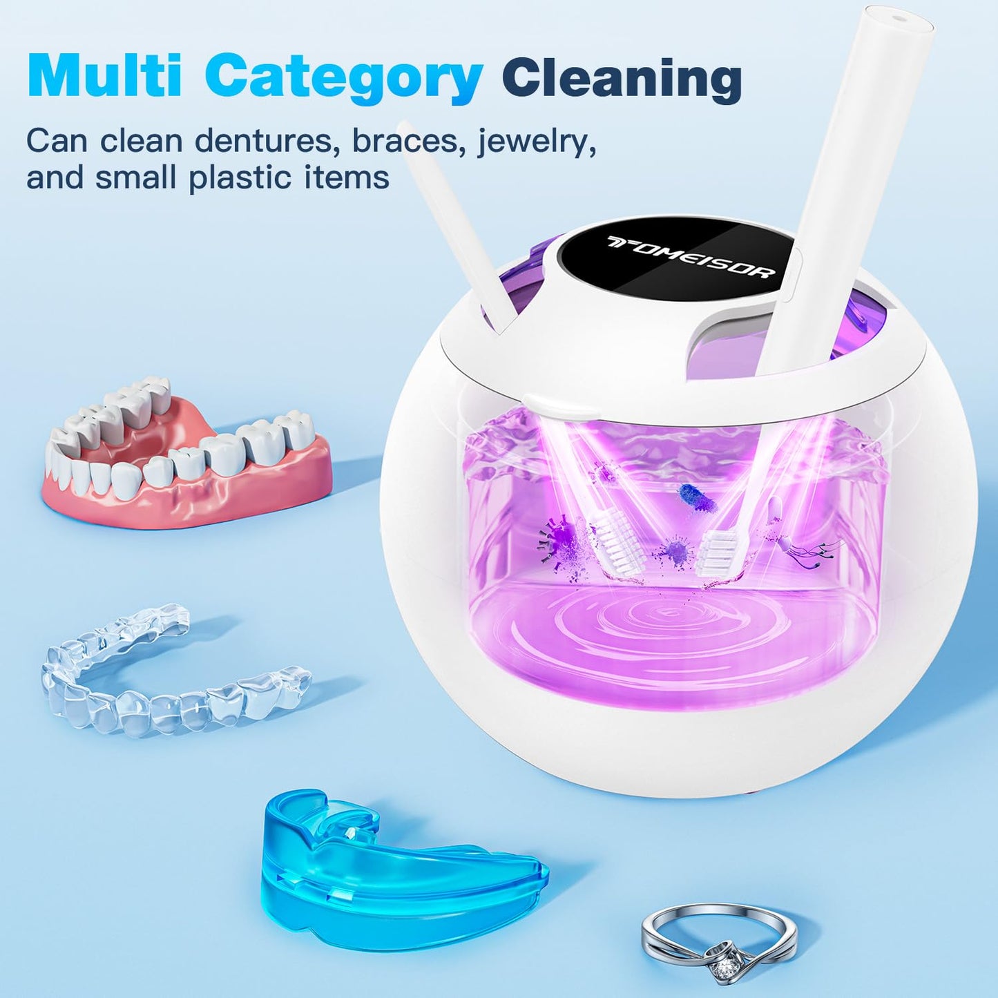 Ultrasonic Retainer Cleaner Machine,45kHz Ultrasonic Cleaner,360°Cleaning for Dentures,Aligner,Mouth Guard,Jewelry,Braces,Toothbrush Heads with 200 ML Dental Cleaning Pod, 3 Modes,White