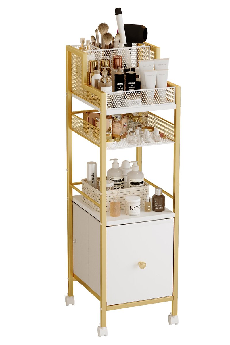 Makeup Organizer Storage Cart with Drawers, Large Floor Makeup Skincare Organizers, Rolling Makeup Cart Vanity Organizer Cosmetics Display Cases Holder for Nail Polish Brush Hair Tool（Gold）