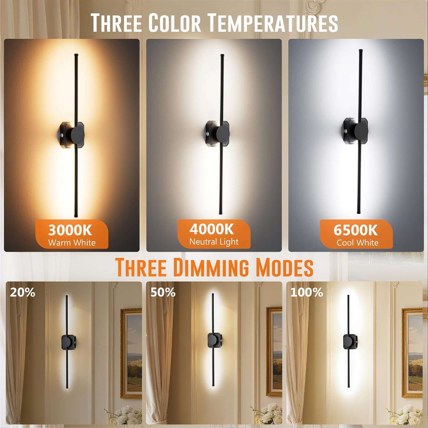 HEERTTOGO Battery Operated Wall Sconce, Rechargeable Wall Light with Touch Control, 3 Color Temperatures & 3 Brightness Levels, 350° Adjustable Rotating Head, for Bedroom, Hallway, Staircase (1 Pack)