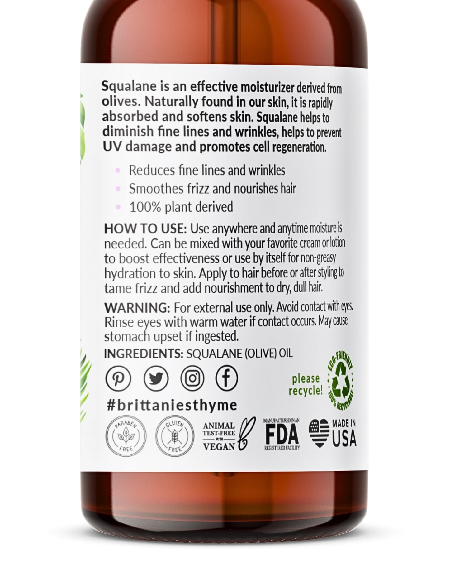 Brittanie’s Beauty 100% Pure Squalane Oil for Hair, Skin & Nails – Lightweight Hydration for Radiant Glow, Smooth Skin & Silky Hair | Clean, Vegan, Non-Greasy Formula, 2oz