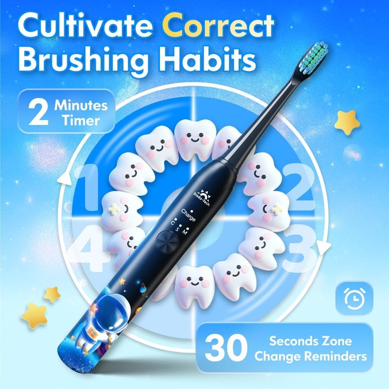 Kids Sonic Electric Toothbrush - Rechargeable with Timer & 4 Heads | Astronaut Black, Ages 3-18