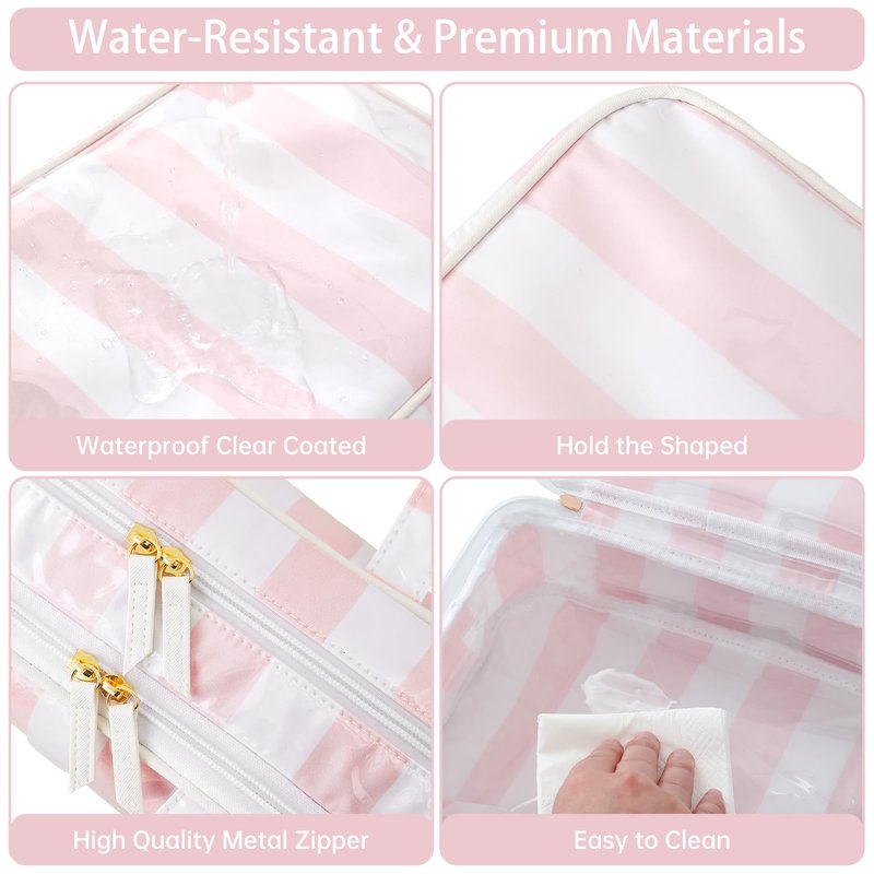 Travel Toiletry Bag for Women, Waterproof Clear Coated Portable Stripe Makeup Cosmetic Bag with Compartment, Travel Organizer for Shampoo, Conditioner, Brushes Set,Cosmetic Accessories(White-Pink)