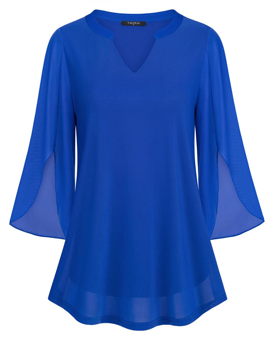VALOLIA Tops for Women 3/4 Sleeve, Women's Blouses Dressy Cocktail Tops Elegant Vintage Floral Spring Tunic Shirts for Girls for Dinner Floral Pleated Swing Blouses for Legging Blue XXL