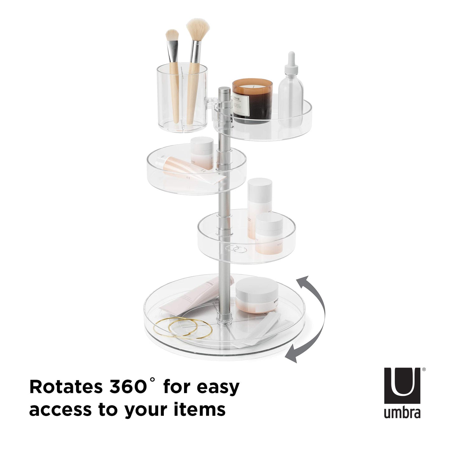 Umbra Pirouette Cosmetic Organizer, Large Capacity Makeup Storage with Adjustable Compartments, Clear/Nickel