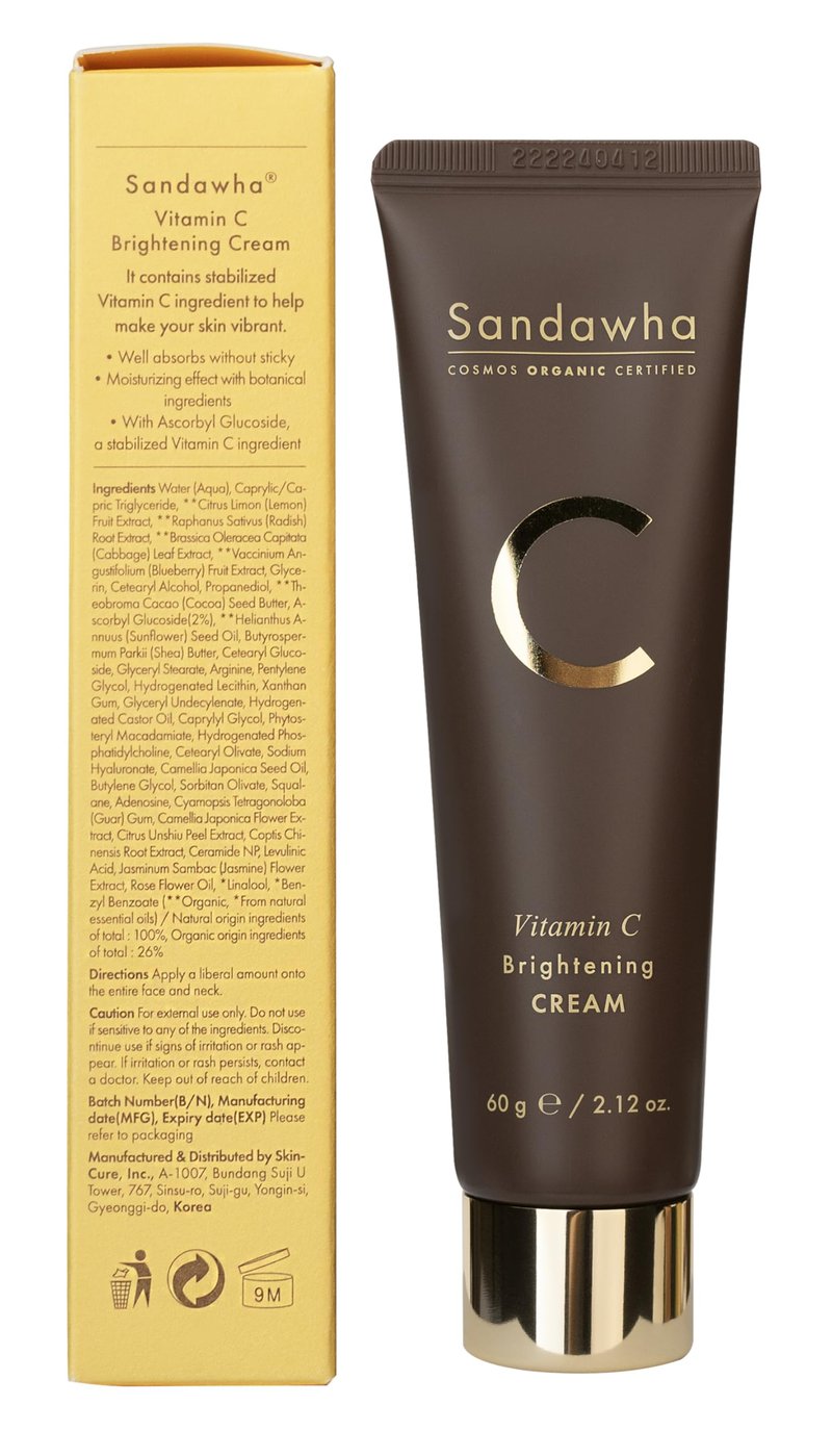 SanDaWha SKINCURE Vitamin C Cream - Korean Skincare Vegan Face Moisturizer with 2% Ascorbyl Glucoside for Radiant Glow, Hydration & Anti-Aging Care, 2.03 oz.