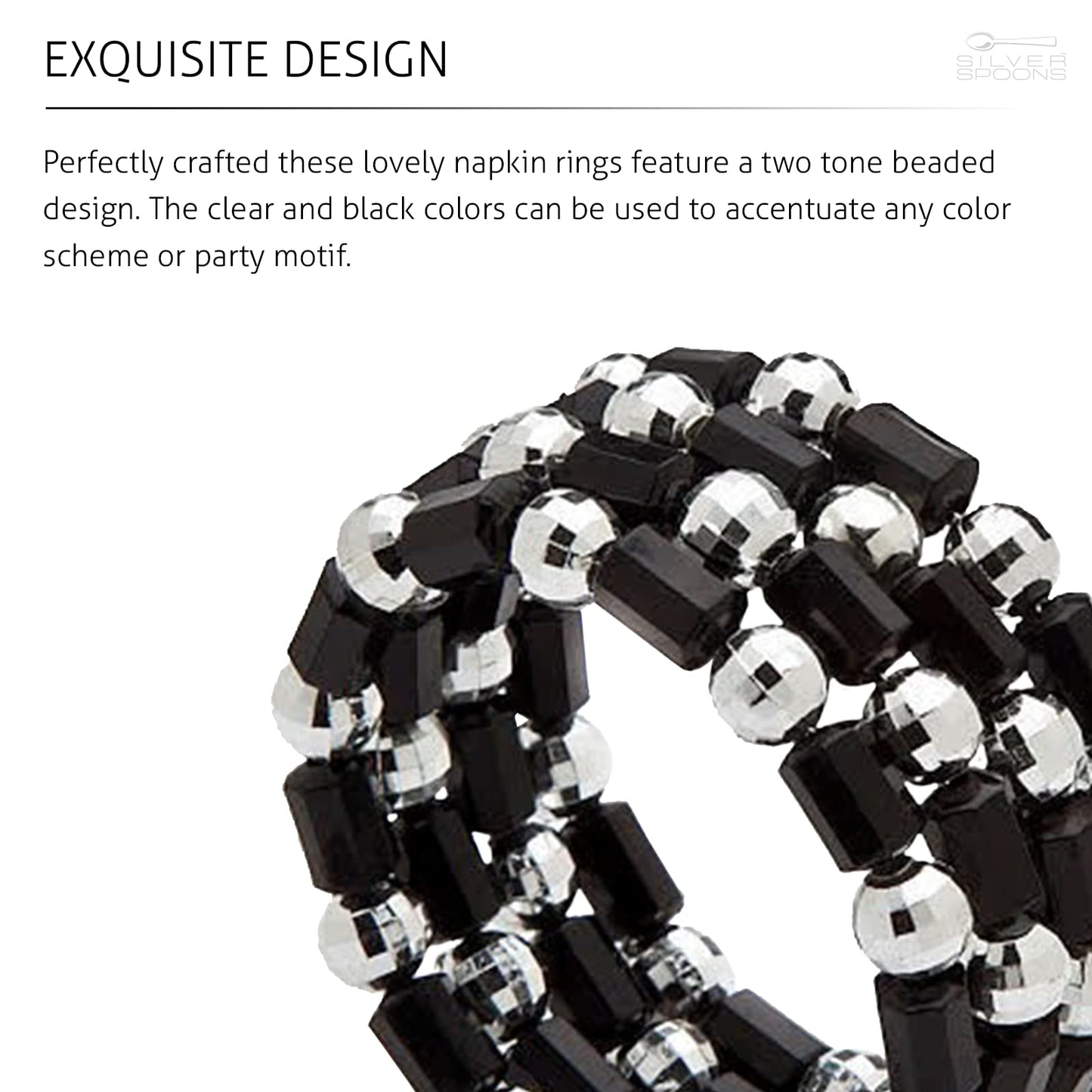 Silver Spoons Elegant Beaded Napkin Rings Set of 6, Napkin Holders for Tablesetting, Great for Parties, Weddings, Engagements, Baby Showers, Holiday, Christmas, Upscale Events, Dinners & Celebrations - Black/Silver
