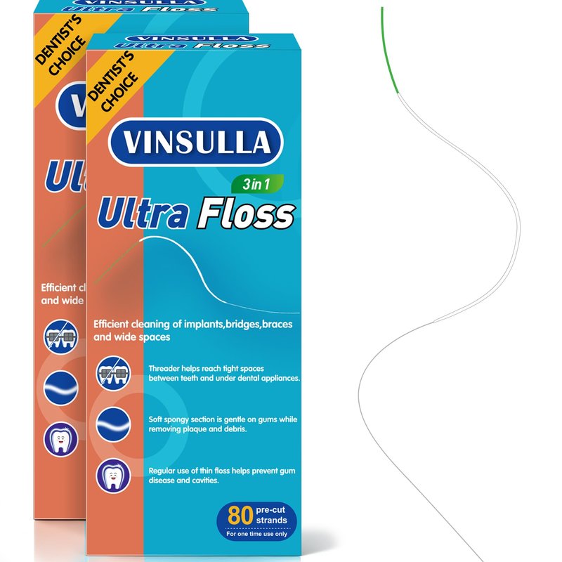 VINSULLA Dental Floss for Braces, Bridges & Implants, 3-in-1 Floss Threader, Spongy & Regular Floss, PFAS & PTFE-Free, 160 Pre-Cut Strands (2 Pack)