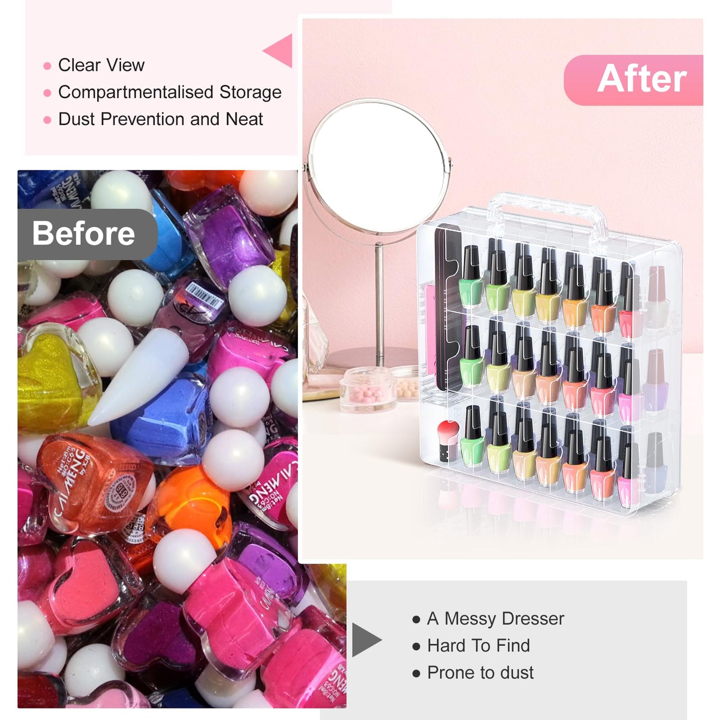 Beloving Nail Polish Organizer, 48 Bottles Transparent Nail Polish Holder with Adjustable Divider, Gel Nail Polish Storage Double Side Nail Polish Organizer Case for Storage Display