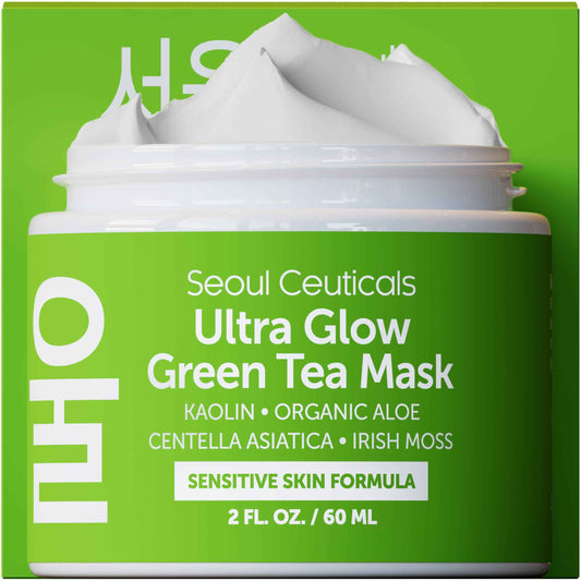 SeoulCeuticals Korean Skin Care Face Mask for Sensitive Skin - Korean Skincare Green Tea Wash Off Masks - K Beauty Face Masks - Aloe Vera Mask + Centella Asiatica Hydrating Facial Spa Mask 2oz