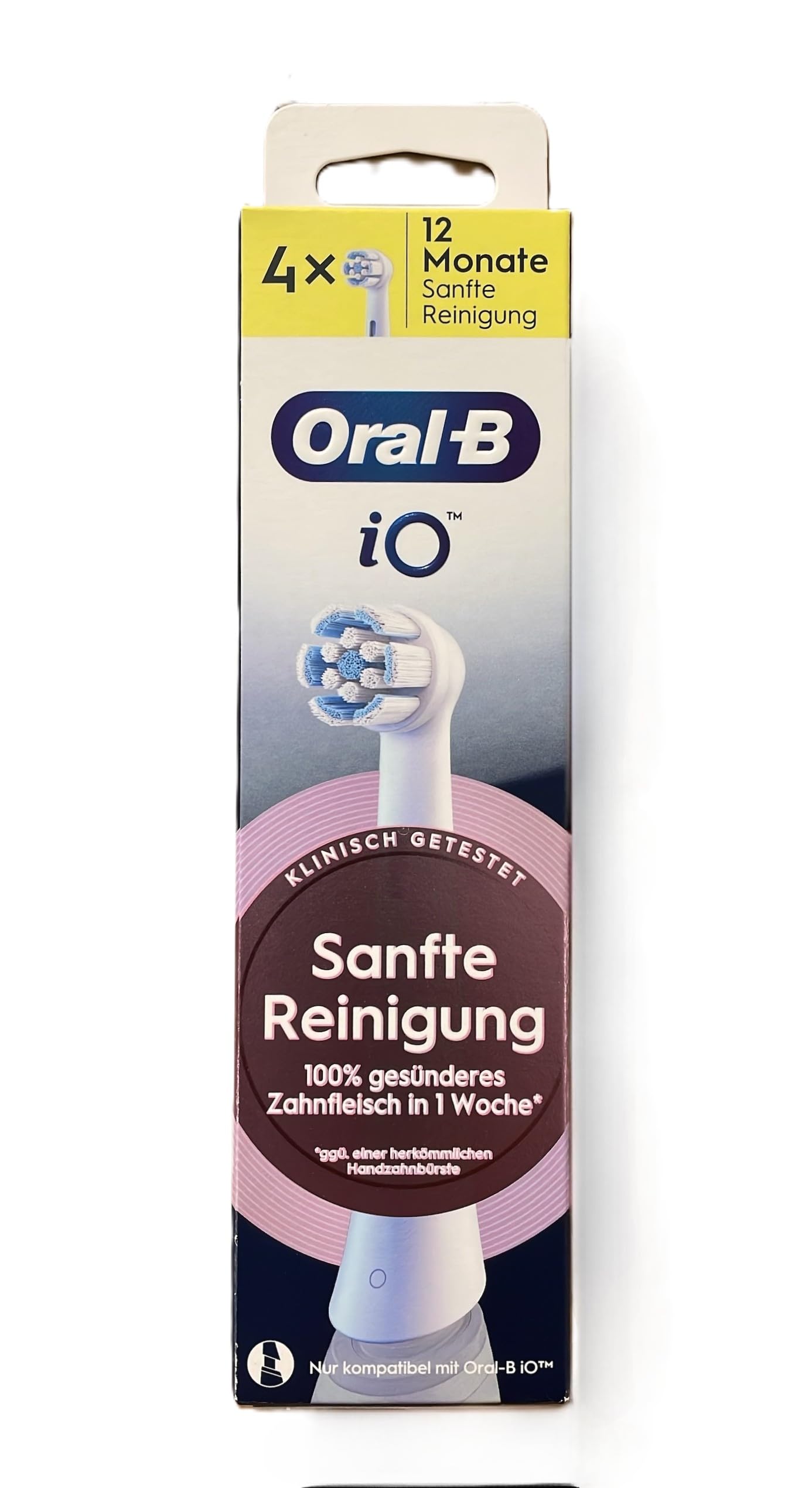 Oral-B iO Gentle Care Electric Toothbrush Head, Twisted & Angled Bristles for Deeper Plaque Removal, Pack of 4, Suitable for Mailbox, White