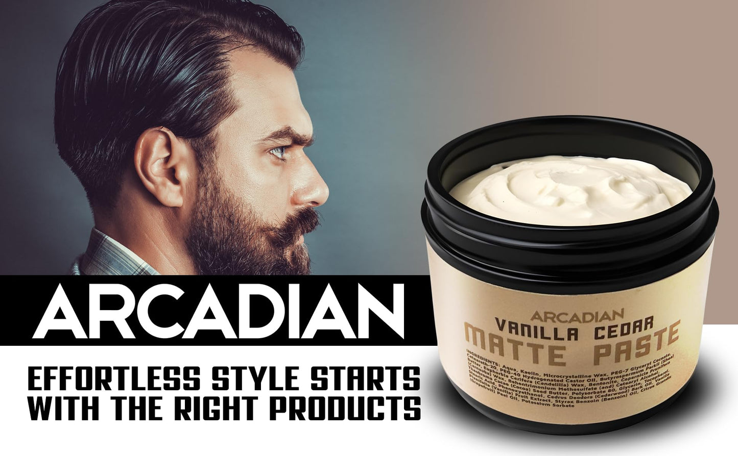 Arcadian Grooming Vanilla Cedar Matte Paste Mens Hair Styling Cream Heavy Hold Vegan Cruelty Free, 4oz