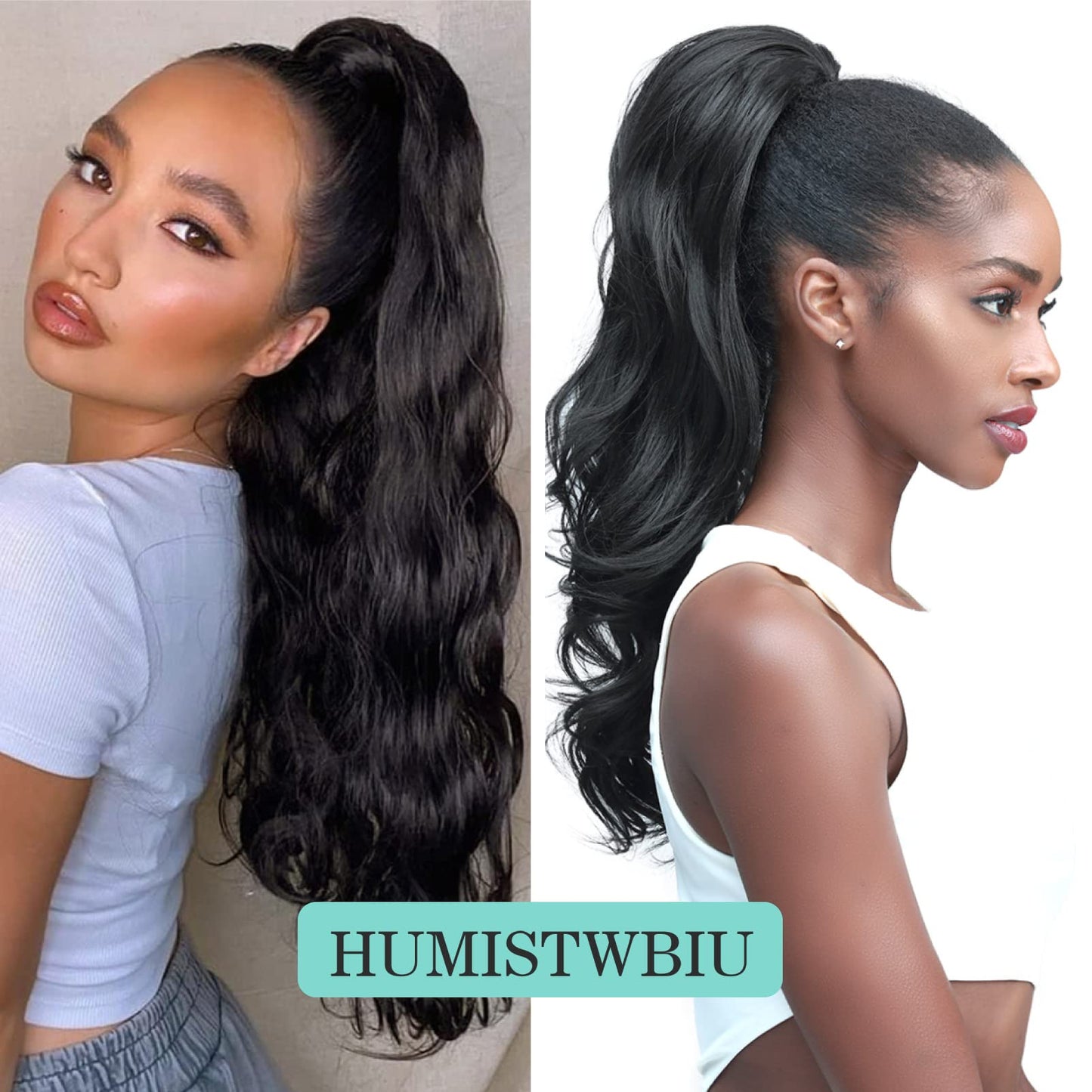 Humistwbiu Human Hair Body Wave Ponytail with Magic Paste Warp Around 100% Brazilian Virgin Human Hair Ponytail for Black Women Natural Color 18 Inch
