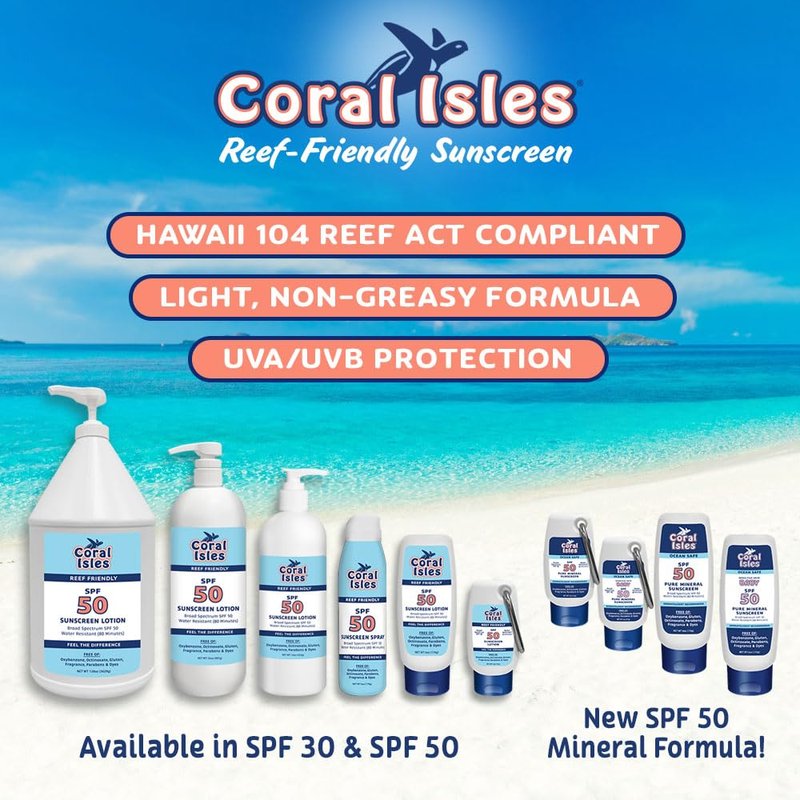 Coral Isles Sunscreen SPF 50 - Reef Safe, Broad Spectrum UVA/UVB Protection | Water Resistant 80 Min | 16 Fl Oz