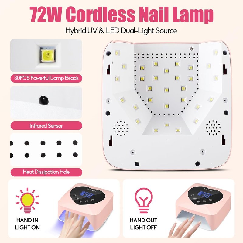 UV LED Nail Lamp - 72W Cordless Rechargeable Nail Dryer with 5 Timers & Auto Sensor | Professional Gel Curing Light (Pink)
