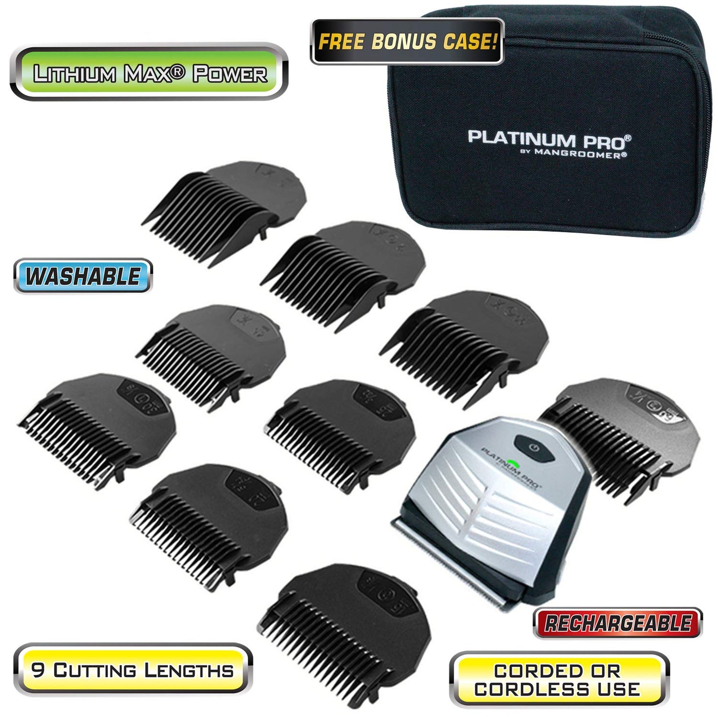 MANGROOMER - PLATINUM PRO New Self-Haircut Kit and Advanced Hair Clippers with Lithium Max Battery, 9 Length Guards and Included Bonus Storage Case, 2 Piece Set