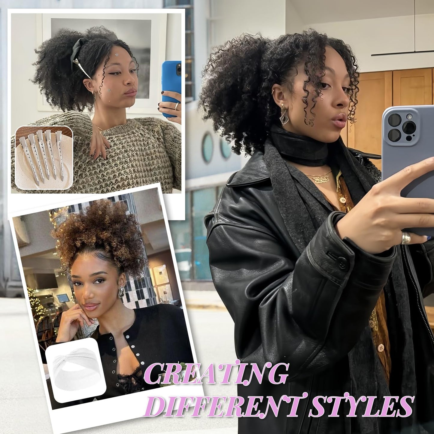 Urbeauty Drawstring Curly Ponytail Extensions Pink Mango Protein Silk Fiber Human Hair Soft Feeling Afro Kinky Curly Hair Puff Pony tails Lightweight, Soft Natural Budget for Daily Styles