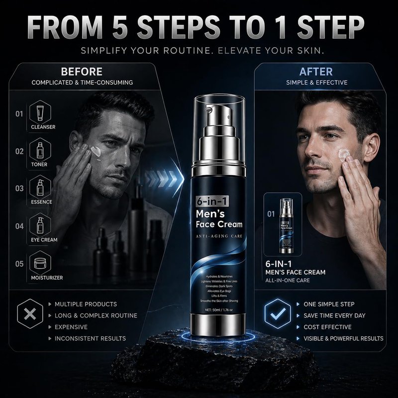 WAESKI 6-in-1 Face Cream for Men, Anti-Aging Moisturizer with Collagen, Hyaluronic Acid and Shea Butter, Reduces Wrinkles, Dark Circles and Puffiness, Men's Formula Daily Care 1.76 fl oz (1)
