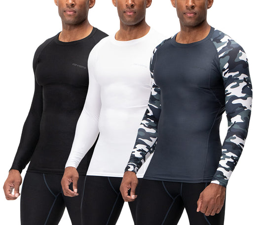 DEVOPS 3 Pack Men's UPF 50+ Long Sleeve Compression Shirts Quick Dry, Cool Gear for Garage Garden Gym Yard and Workouts (X-Large, Black/Camo Charcoal/White)