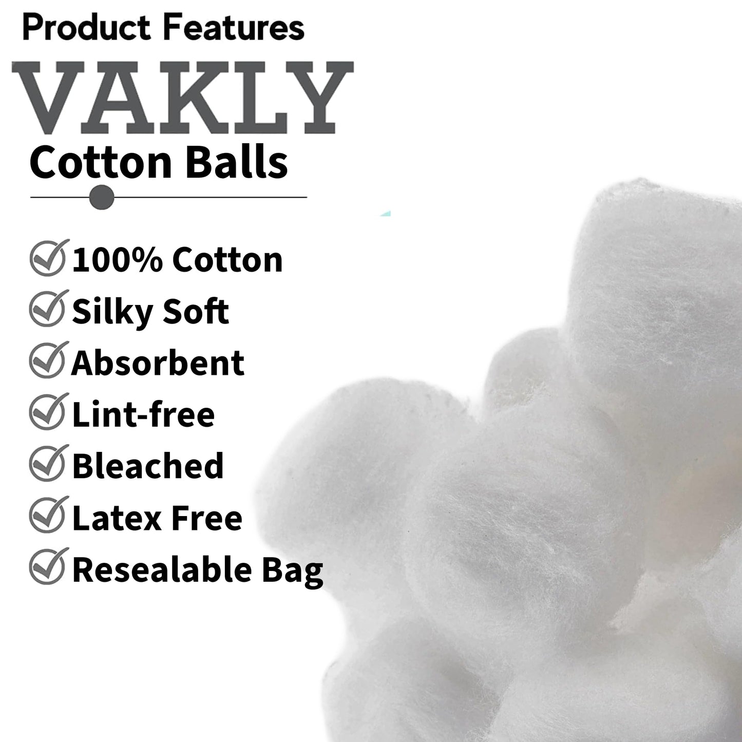 Vakly Cotton Balls 1 inch Medium (2000 Pack) – 100% Cotton Soft Absorbent Non-Sterile Balls for Makeup Removal, Nail Polish, Skincare, First Aid & Crafts