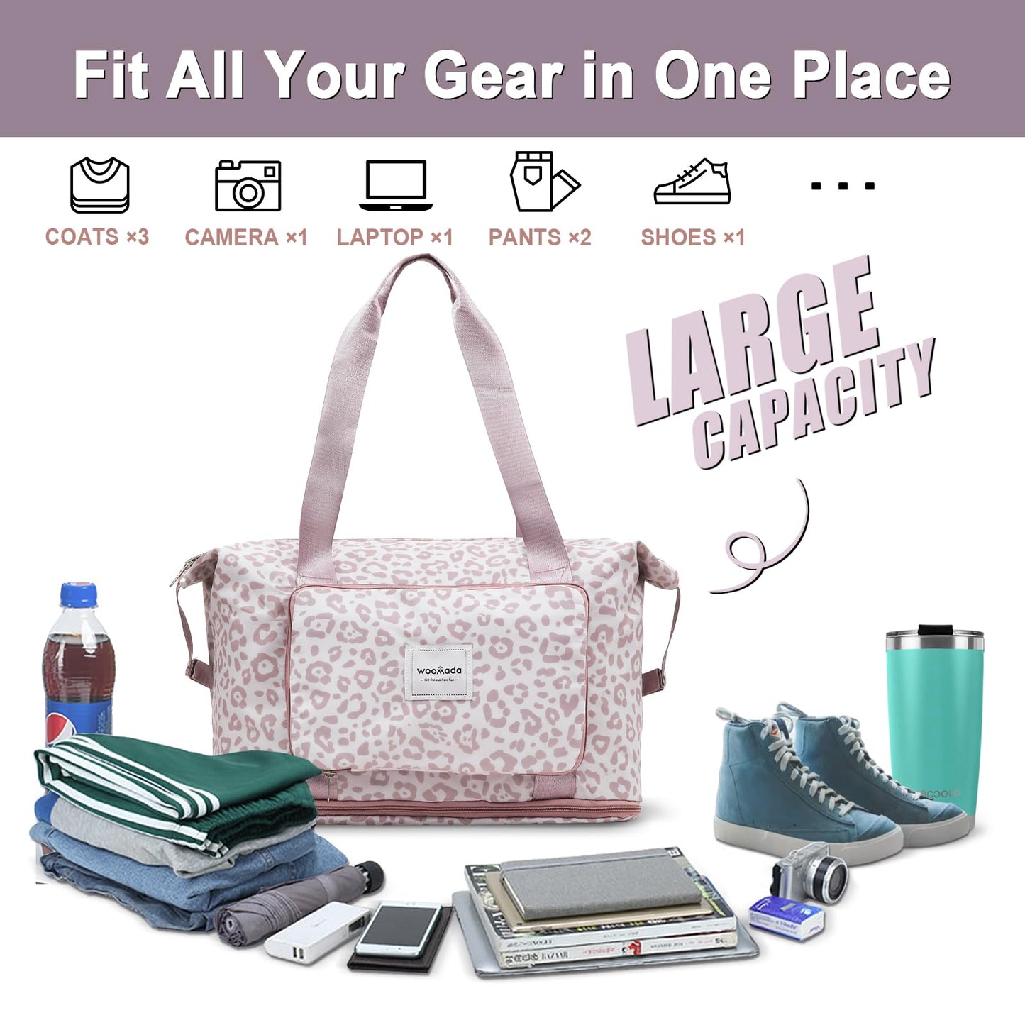 WOOMADA Foldable Travel Duffel Bag, Weekender Bags for Women, Tote Bag with Expandable Space, Carry on bags for airplanes with Wet Pocket & Trolley Sleeve, Gym Bag for Women, Lightweight (purple)