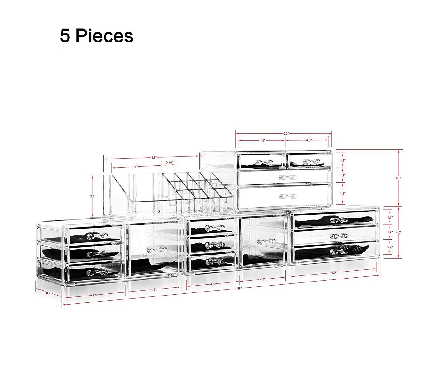 Felicite Home Acrylic Jewelry and Cosmetic Storage Makeup Organizer Set, 5 Piece，Large