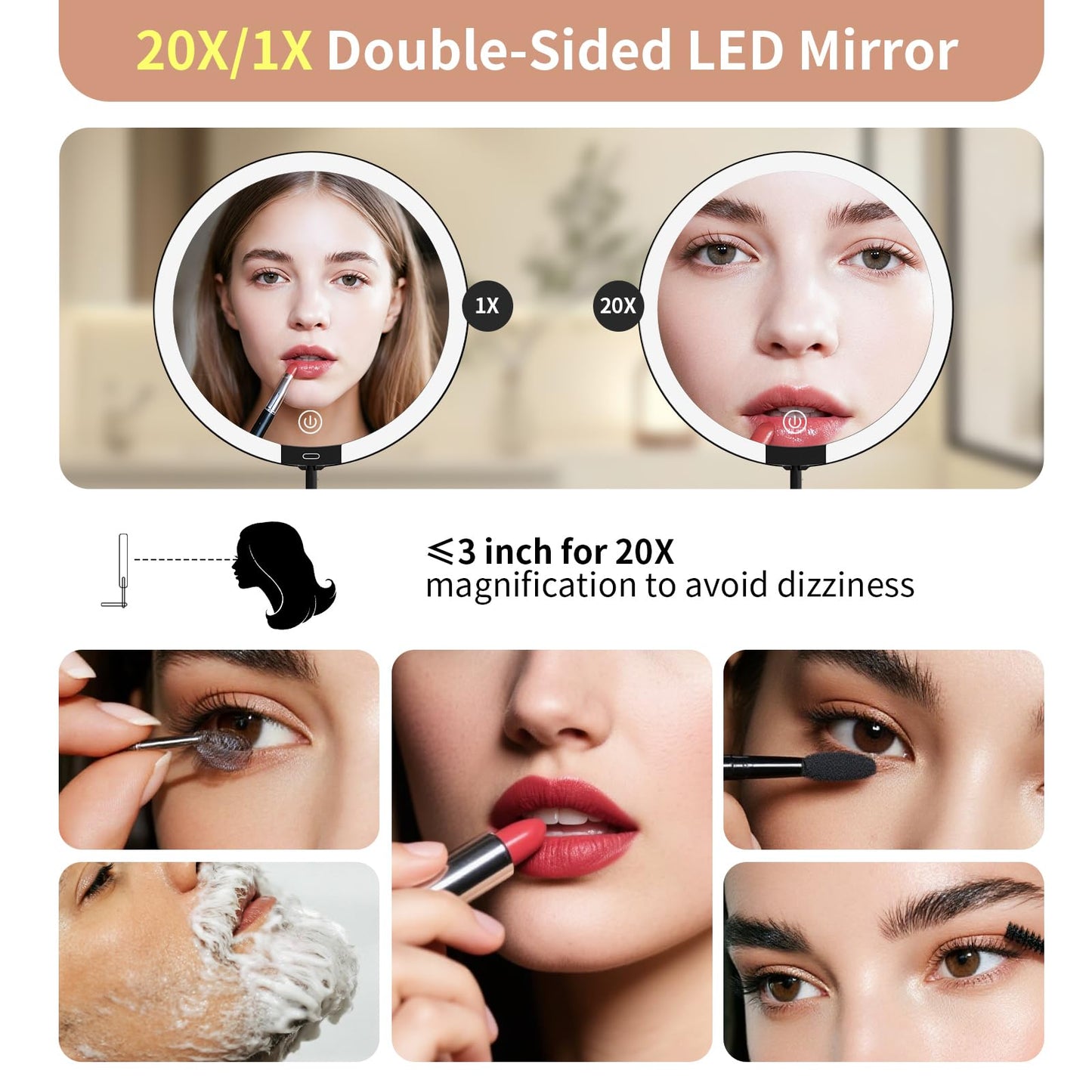 30X/1X Wall Mounted Lighted Makeup Mirror, 6inch Double Sided 1X/30X Magnifying Makeup Mirror with 3 Color Lights, Rechargeable Bathroom 30X Magnification Mirror 360° Rotation Extendable Folding Arm