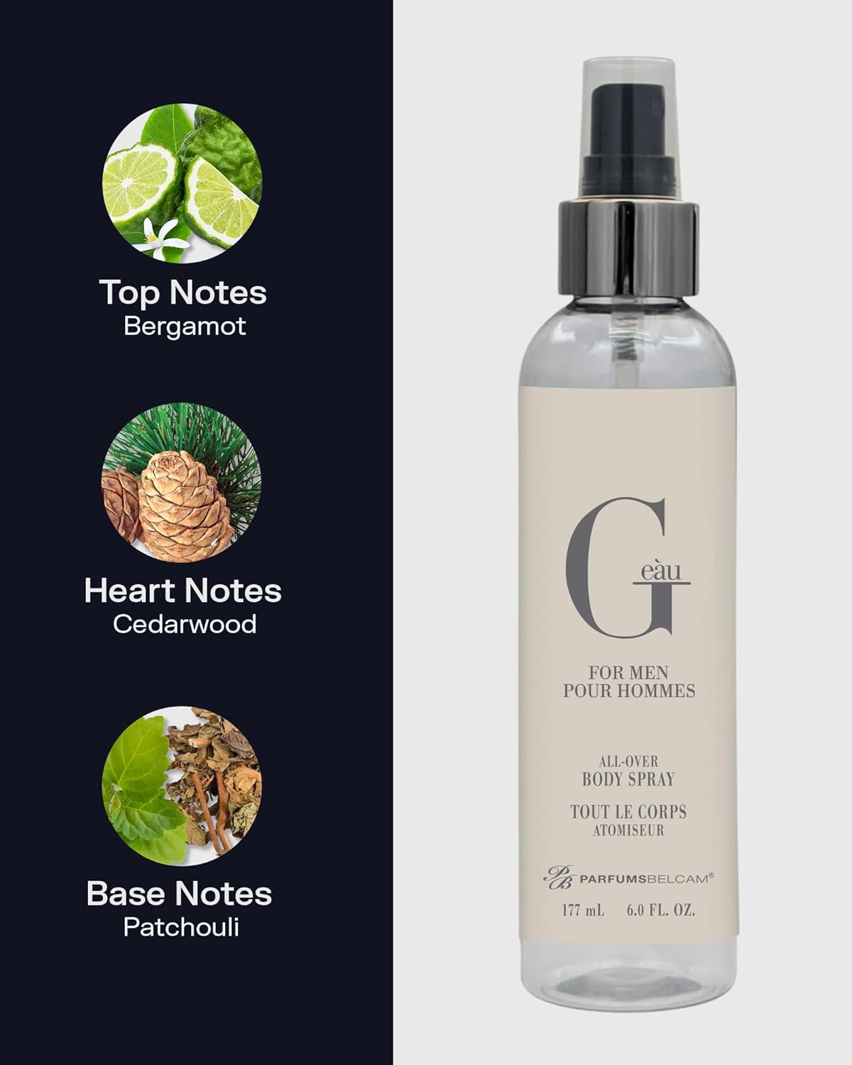 PB ParfumsBelcam All Over Body Spray for Men - Fresh Chypre Scent with Bergamot & Cedar | 6 Fl Oz Refreshing Daily Mist