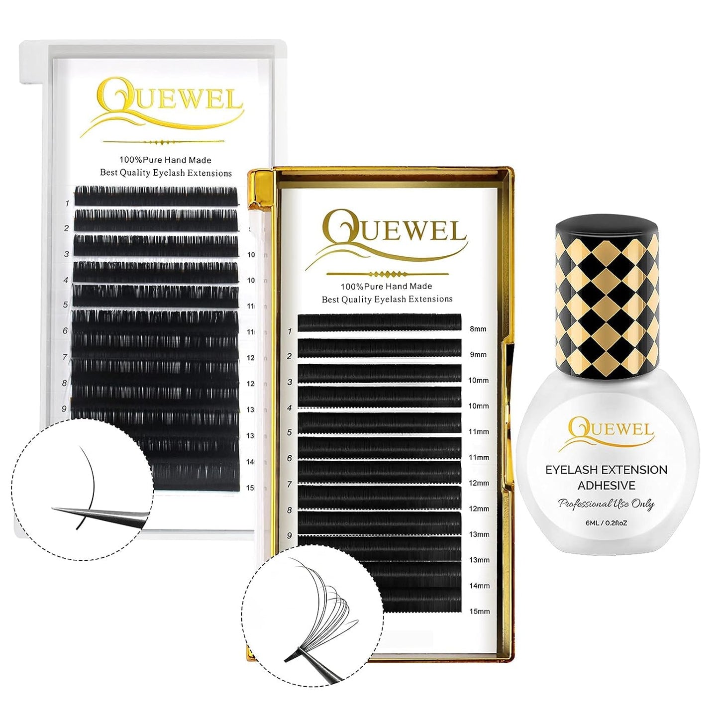 Volume Eyelash Extensions - 0.07 D Curl Mixed Tray (8-15mm) + Classic 0.15 D Curl (8-14mm) + Strong Black Adhesive (6ml)