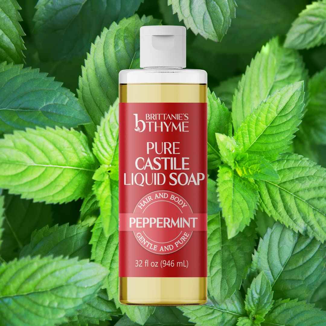 Brittanie’s Pure Castile Liquid Soap Refill, Peppermint, 32 Ounce | Dish Soap, Hair & Body, Home, Gentle and Pure, Made with Natural Luxurious Oils, Vegan & Gluten Free Non-GMO