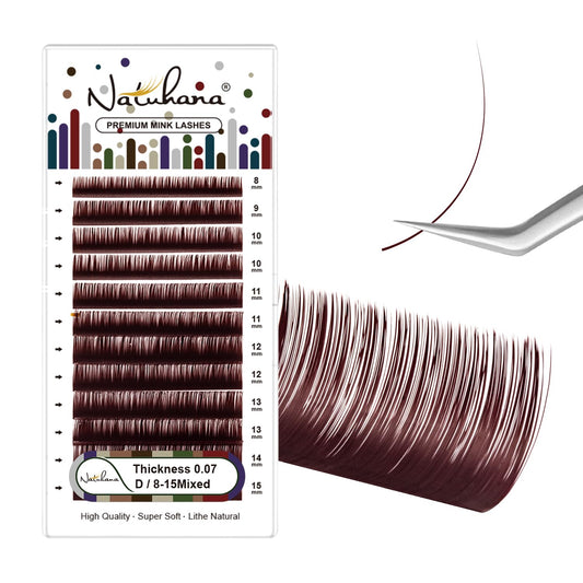 NATUHANA Colored Volume Eyelash Extensions 0.07mm D Curl 8-15mm Mixed & Single Length Tray Soft Individual Lashes, Professional Supplies for Lash Techs(Burgundy,0.07 D,8-15 MIX)