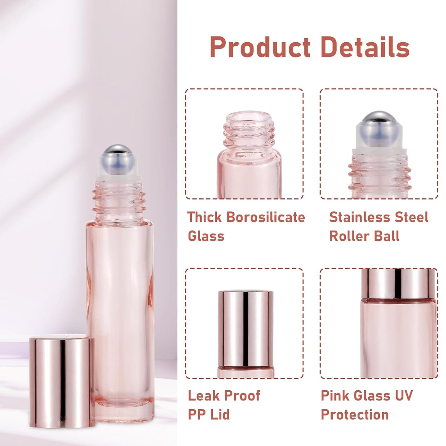 Essential Oil Roller Bottles - 45Pcs 10ml Thick Glass Vials with Stainless Steel Rollers | Rose Gold for Aromatherapy & Perfumes