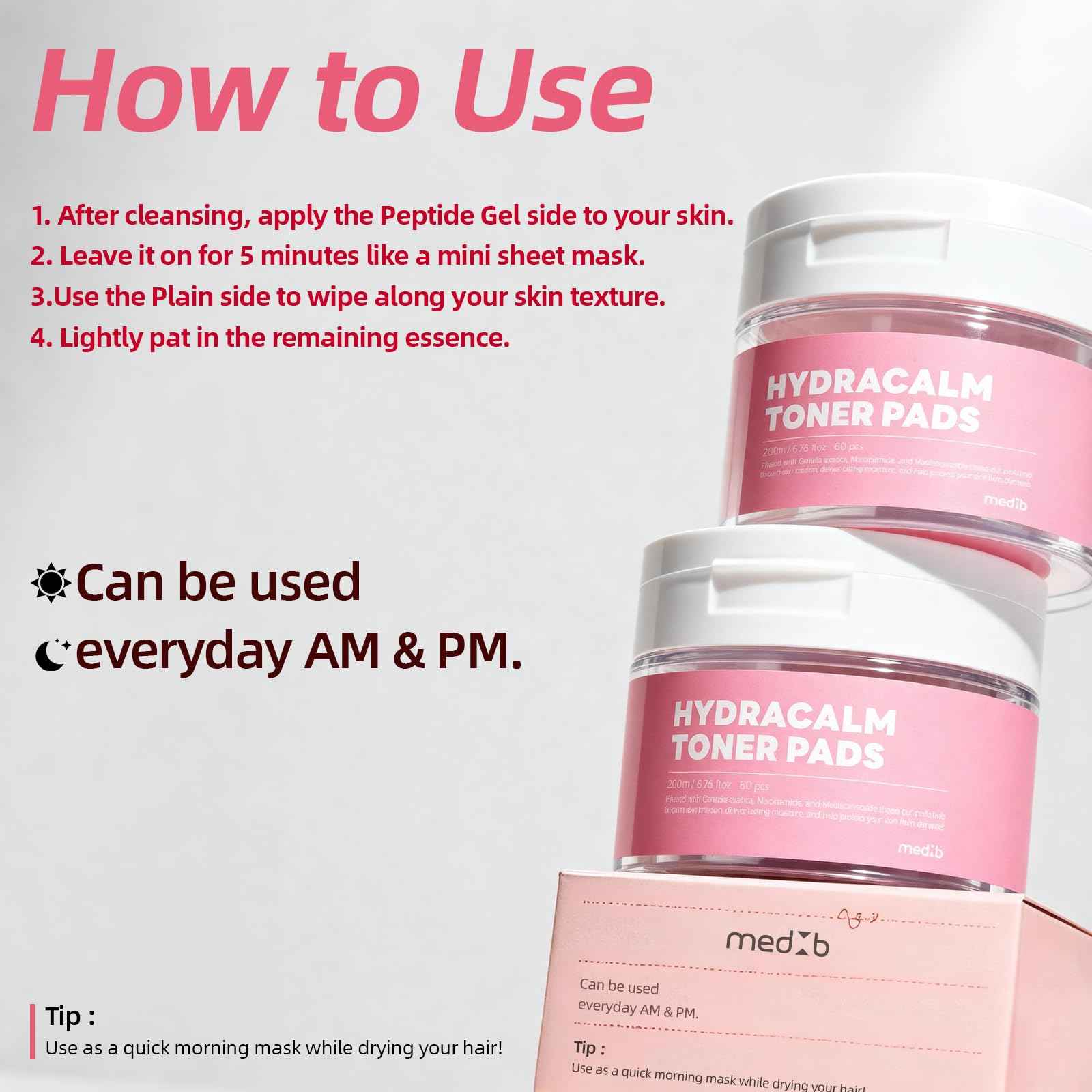 MEDB Hydracalm Toner Pads - 60 Counts Exfoliating Face Pads with BHA & PHA for Acne & Breakouts, 40% Centella Asiatica for Sensitive Skin, Hydrating, Alcohol-Free, Korean Skin Care