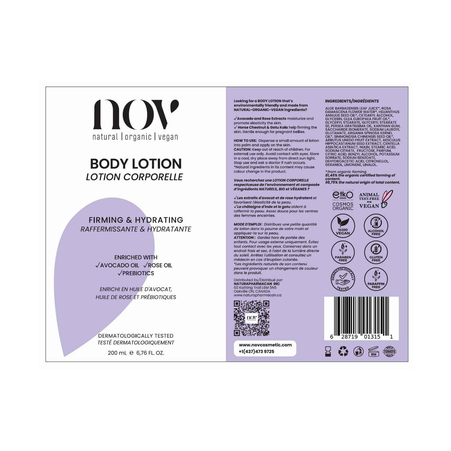 NOV natural organic vegan Firming and Hydrating Body Lotion - Moisturizer, Nourishing, Prebiotics, Scratch Marks, Skin Elasticity, Supports Collagen | Good for Eczema and Dry Skin, 6.76 Fl Oz