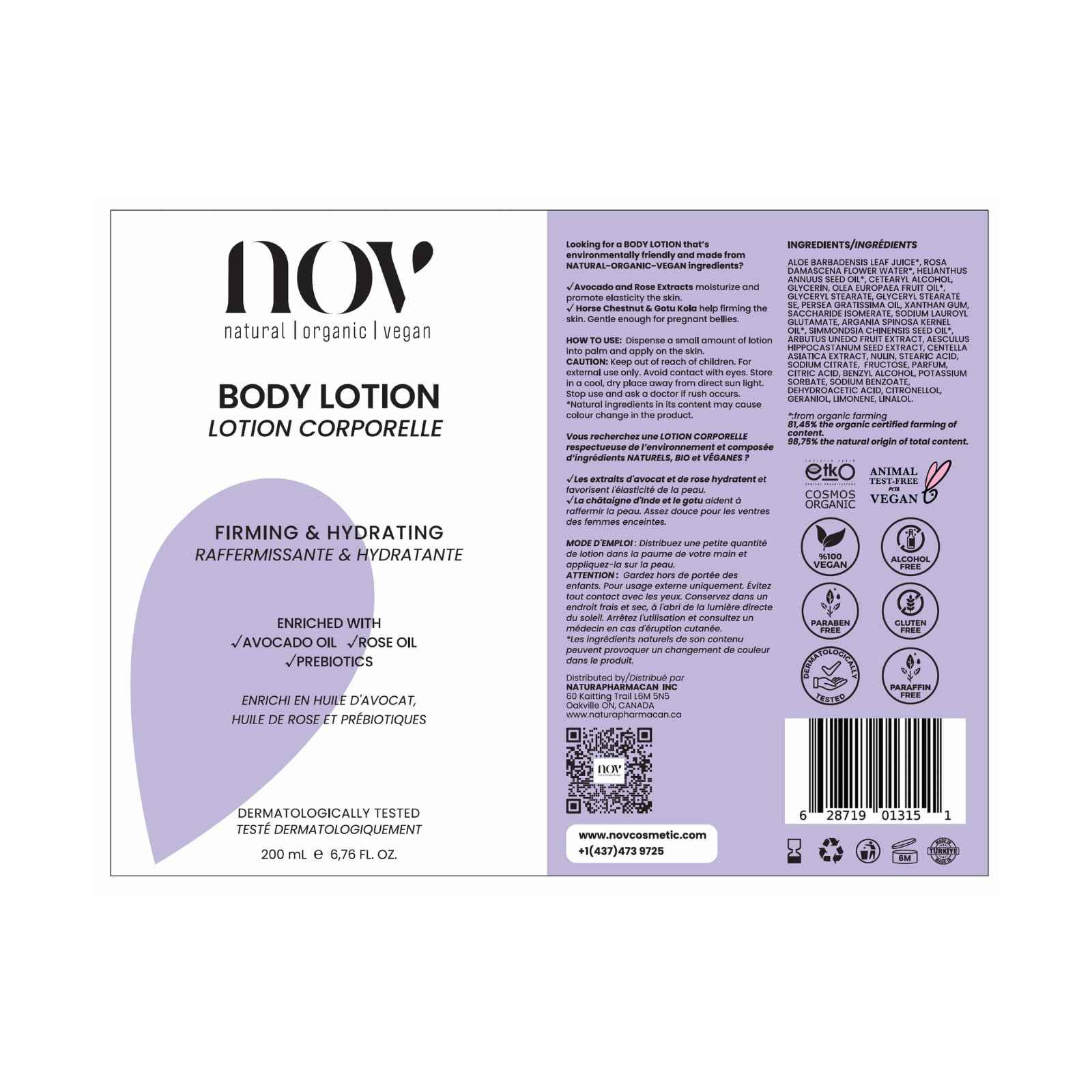 NOV natural organic vegan Firming and Hydrating Body Lotion - Moisturizer, Nourishing, Prebiotics, Scratch Marks, Skin Elasticity, Supports Collagen | Good for Eczema and Dry Skin, 6.76 Fl Oz