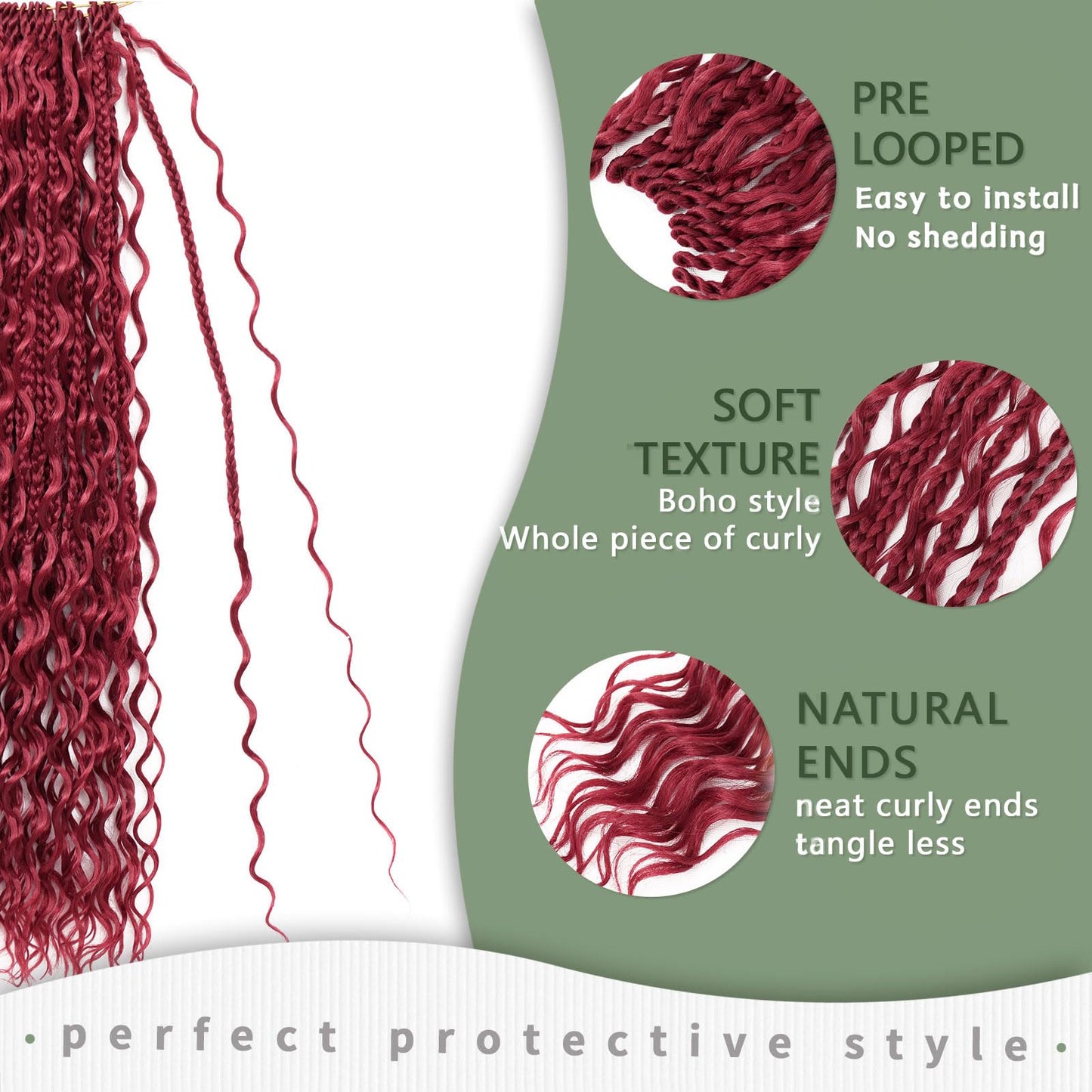 24 Inch 7 Pack Goddess Box Braids Burgundy Bohemian Crochet Boho Box Braids With Curly Ends Pre-looped Crochet Braids Hair for Women Synthetic Braiding Hair