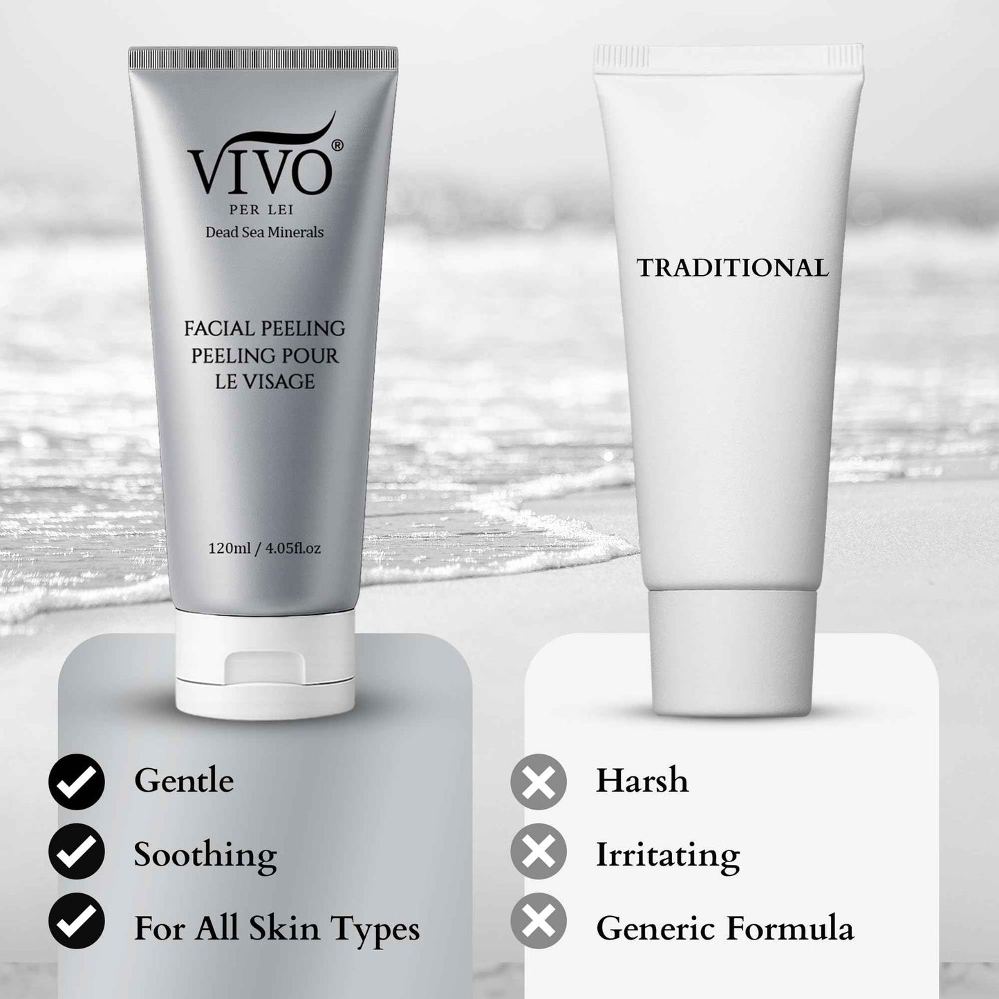 Vivo Per Lei Facial Peeling Gel - Contains Dead Sea Minerals and Nut Shell Powder - Gentle Face Exfoliator Scrub and Blackhead Remover - Peel Your Skin to a Fresher You - 4.05 Fl oz.