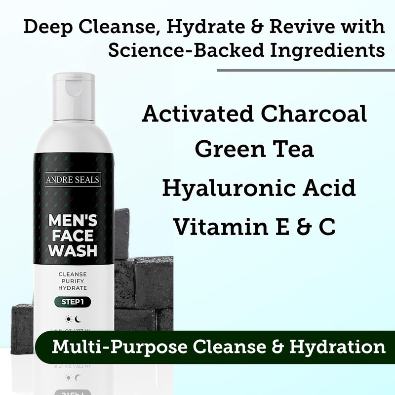 Andre Seals Mens Face Wash | Facial Cleanser with Activated Charcoal, Hyaluronic Acid & Green Tea | Exfoliate, Deep Pore Cleansing & Hydrating Facial Cleanser | Exfoliating Face Wash | Mens Skin Care