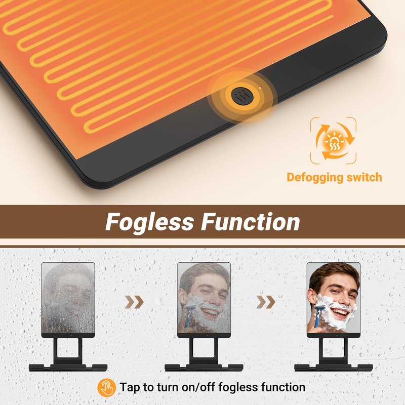 Heated Shower Mirror Fogless for Shaving，Fog Free Shaving Mirror for Shower with Razor Holder，360°Roating Shaving Mirror for Shower Fogless，5000mAh Long-Lasting Anti Fog Shower Mirror (Dark Brown）