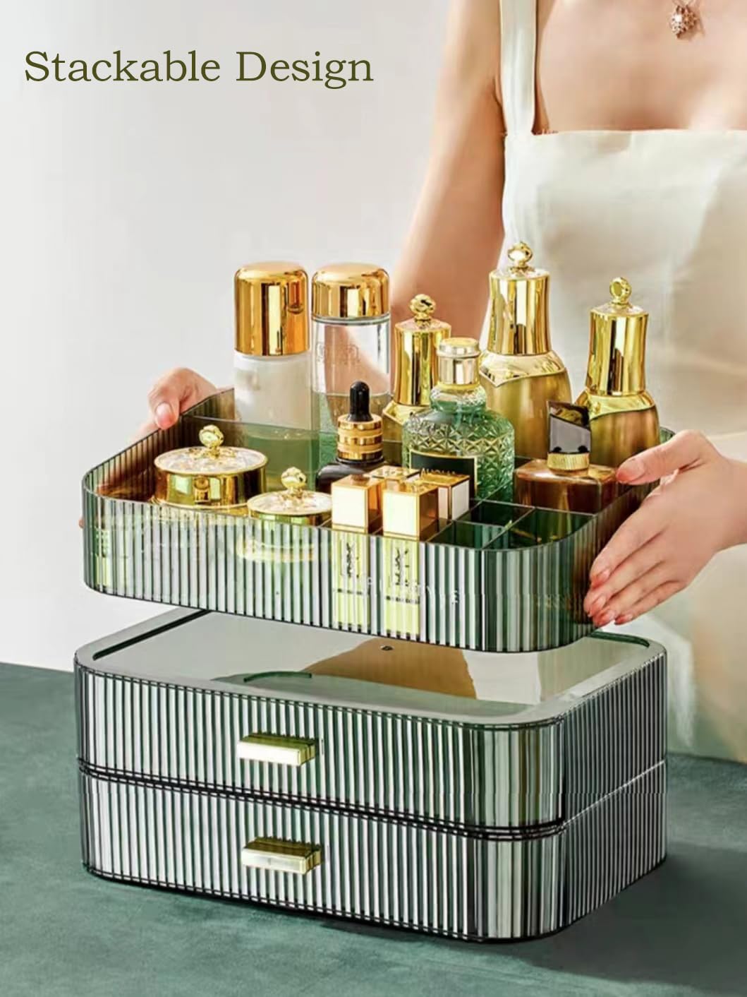 Makeup Organizer with Stackable Drawers - Ideal Vanity Storage for Cosmetics & Skincare | Green