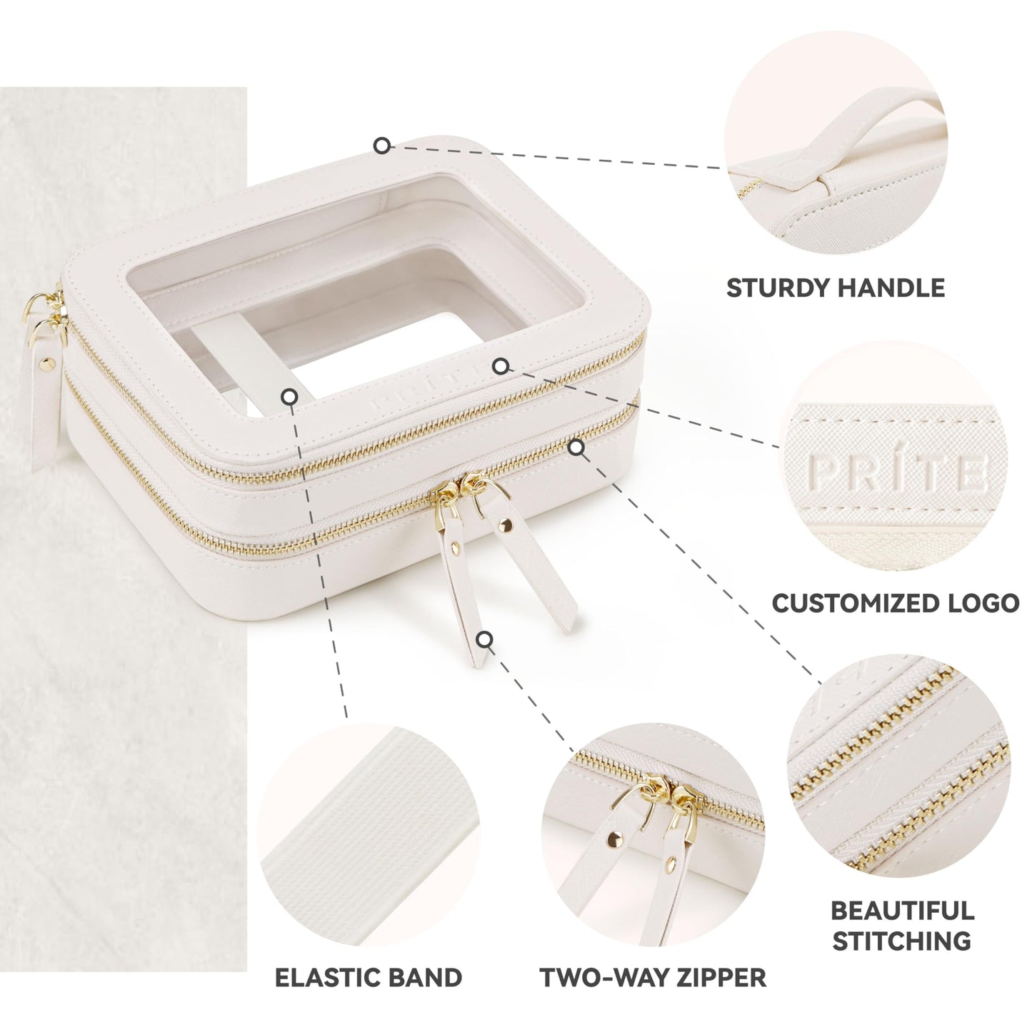 Prite Double Layer Makeup Bag for Women Portable Clear Makeup Bag Cute Waterproof Travel Cosmetic Bag with Gold Zipper for Car Essentials(Beige)