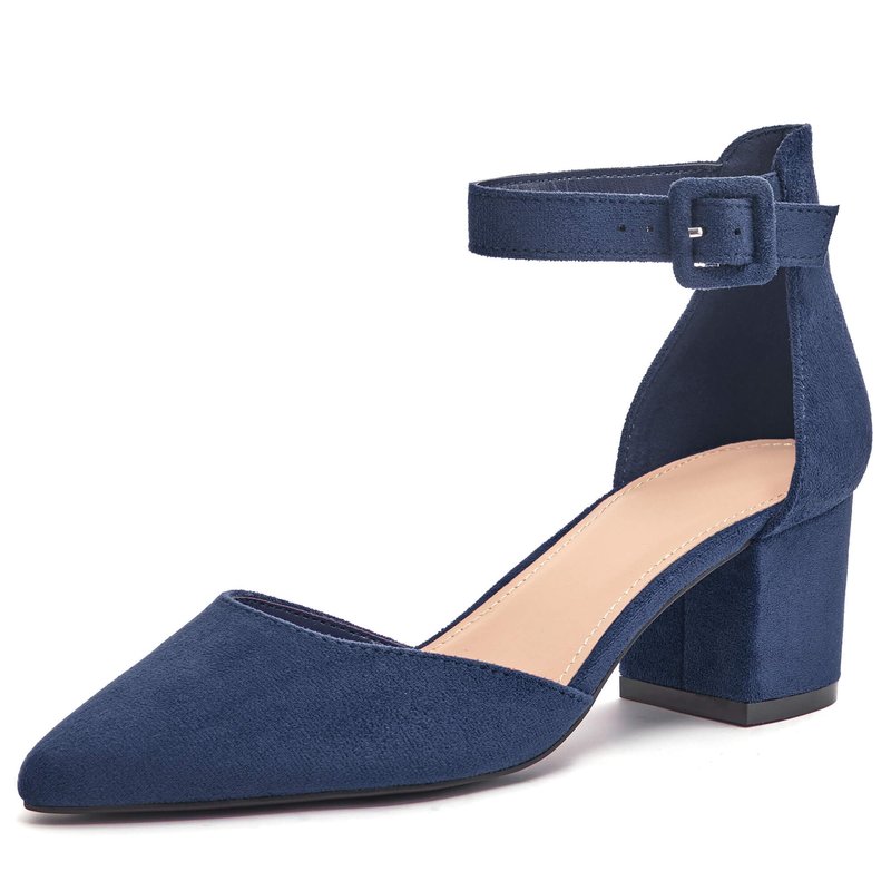Women’s Closed Pointed Toe Pumps Block Low Heel Ankle Buckle Comfortable Party Office Shoes Navy Suede