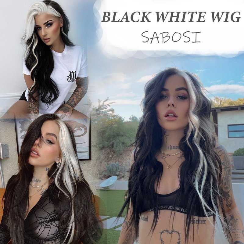 Long Wavy Black and White Wig - 26 Inch Middle Part Curly Synthetic Hair for Natural Look | Heat Resistant for Daily Wear