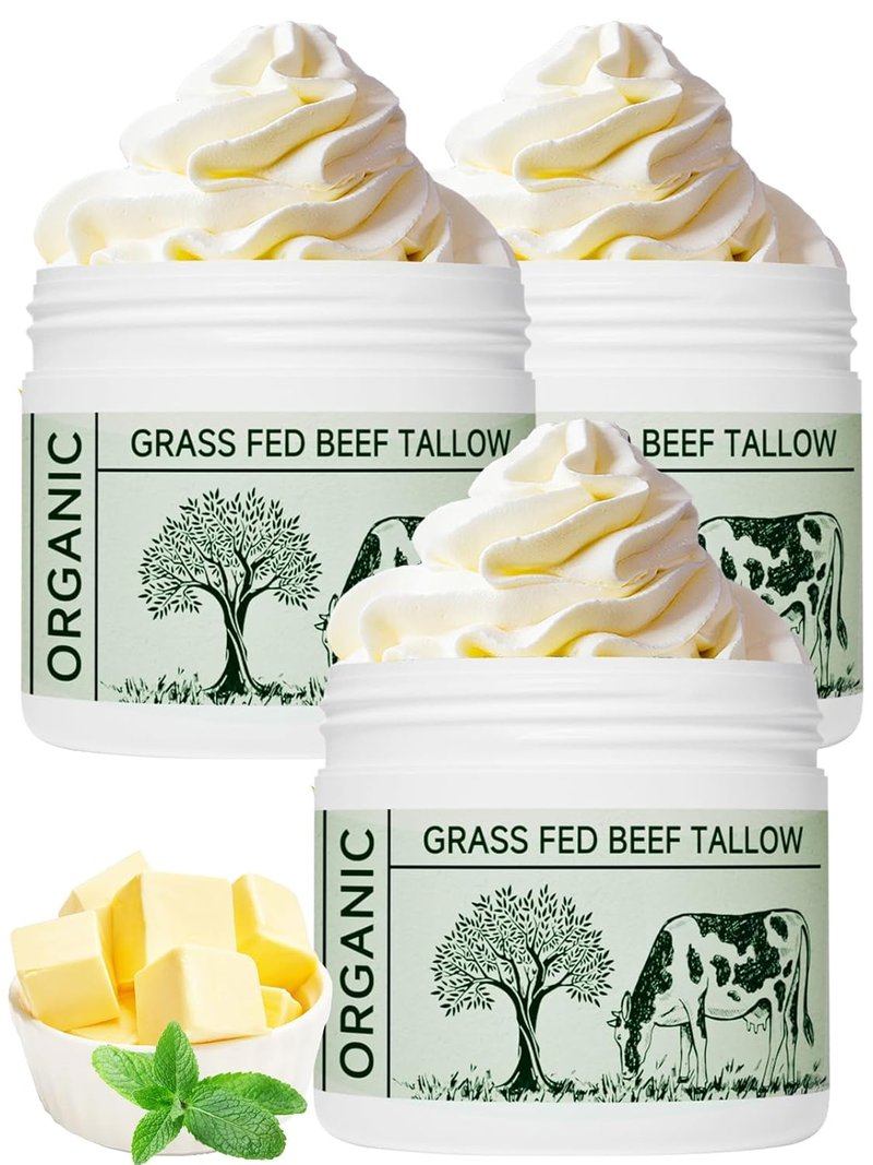 Beef Tallow Moisturizer - Nourishing Whipped Face Cream for Dry Skin | Unscented, 3-Pack