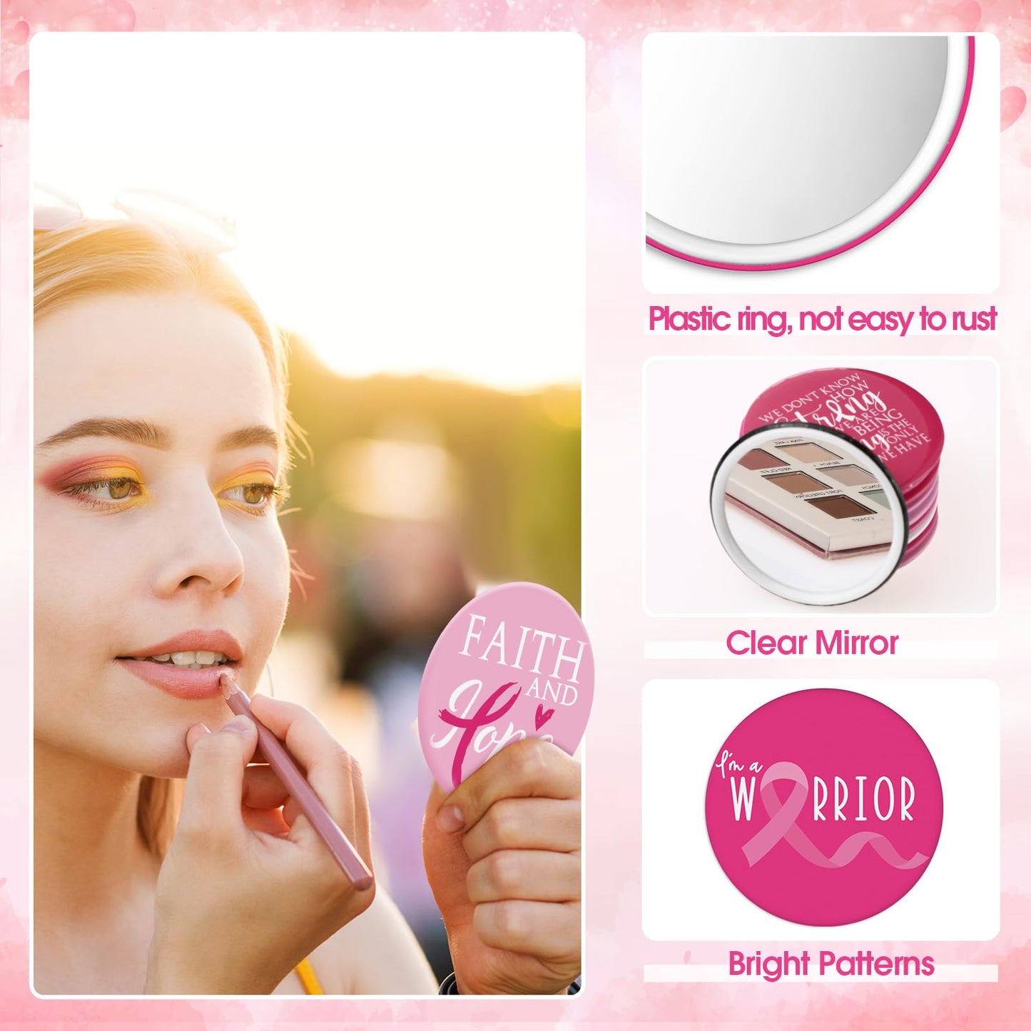 Wonderjune 100 Pcs Breast Cancer Awareness Gifts Pocket Mirror Bulk Portable Travel Mirrors Pink Ribbon Breast Survivor Compact Mirror for Charity Women Public School Events Supplies (Inspirational)