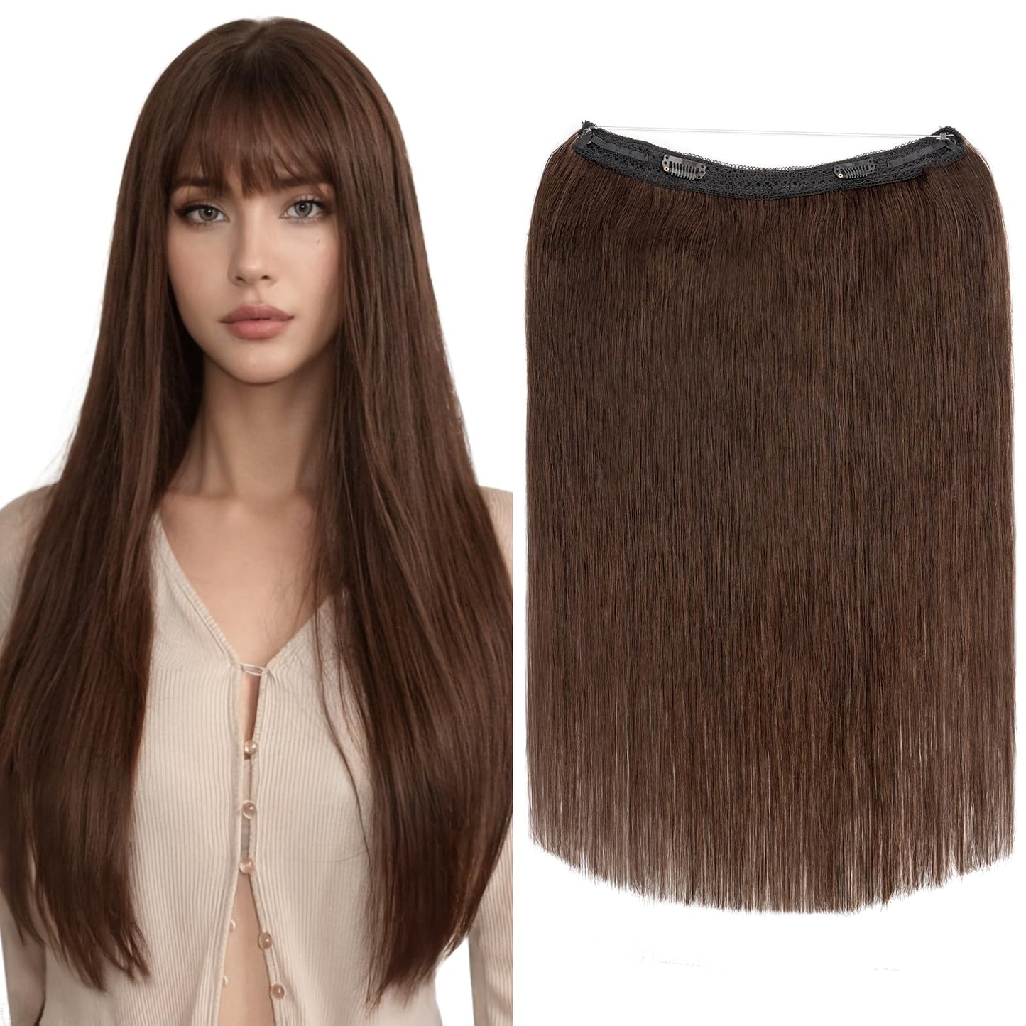 Elailite Halo Hair Extensions Real Human Hair for Women Dark Brown Clip in Remy Hairpiece with Adjustable Invisible Wire 12 Inch 55G