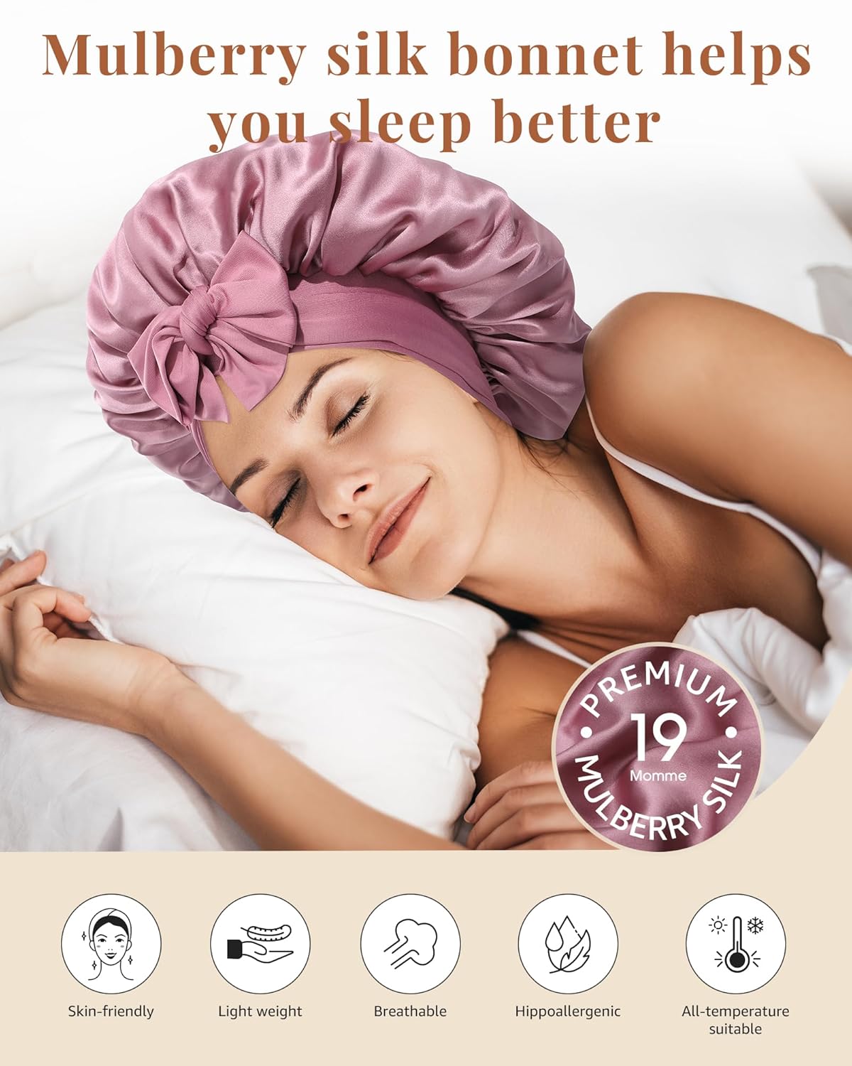 Silk Bonnet for Sleeping - 100% Mulberry Silk Reversible Hair Wrap | Dust Rose/Pink, 2-Layer Design