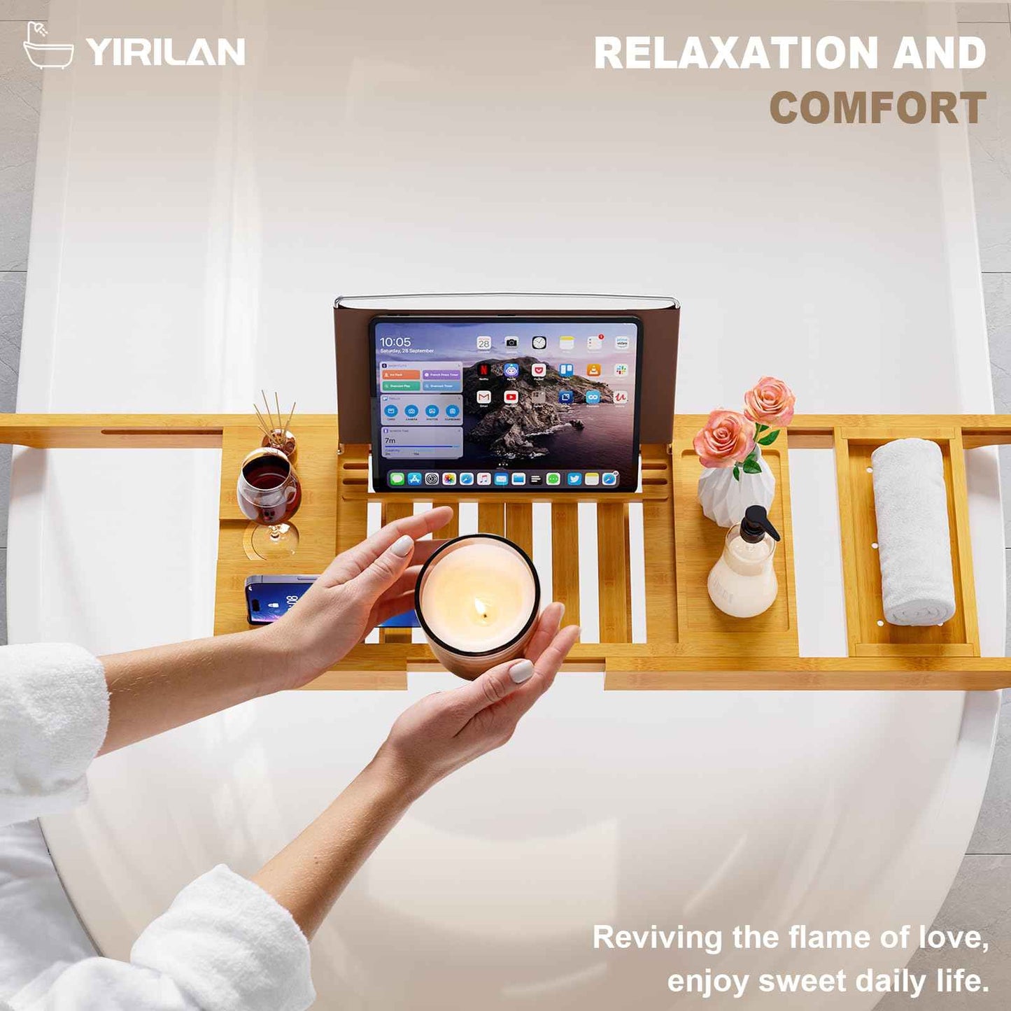 Yirilan Bathtub Tray Caddy, Expandable Wooden Bathroom, Luxury Bamboo Bathtub Tray, Bath Tub Table Caddy, Bamboo