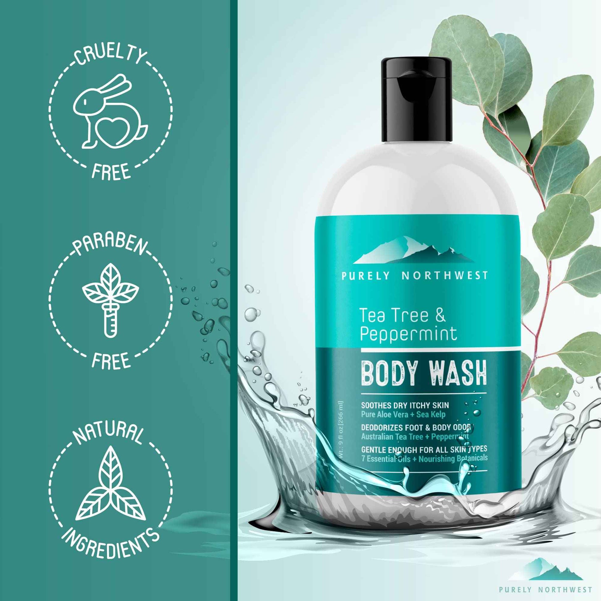 Purely Northwest Tea Tree Body Wash for Men and Women – Natural Tea Tree Oil Body Cleanser for Odor, Skin Irritations, Hydrating Shower Gel for Sensitive Skin, Gentle and Refreshing Body Wash