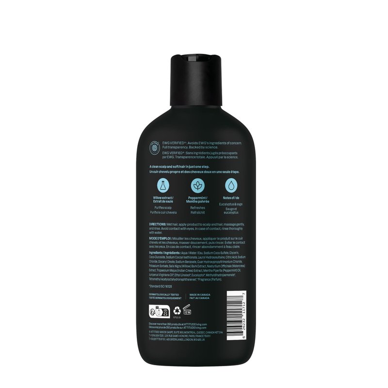 ATTITUDE Men's Shampoo and Conditioner 2-in-1, Scalp Care for Build Up & Oily Hair, Refresh With Peppermint & Willow Extract, 97% Natural Origin Ingredients, EWG Verified, Eucalyptus & Sage, 14 Fl Oz