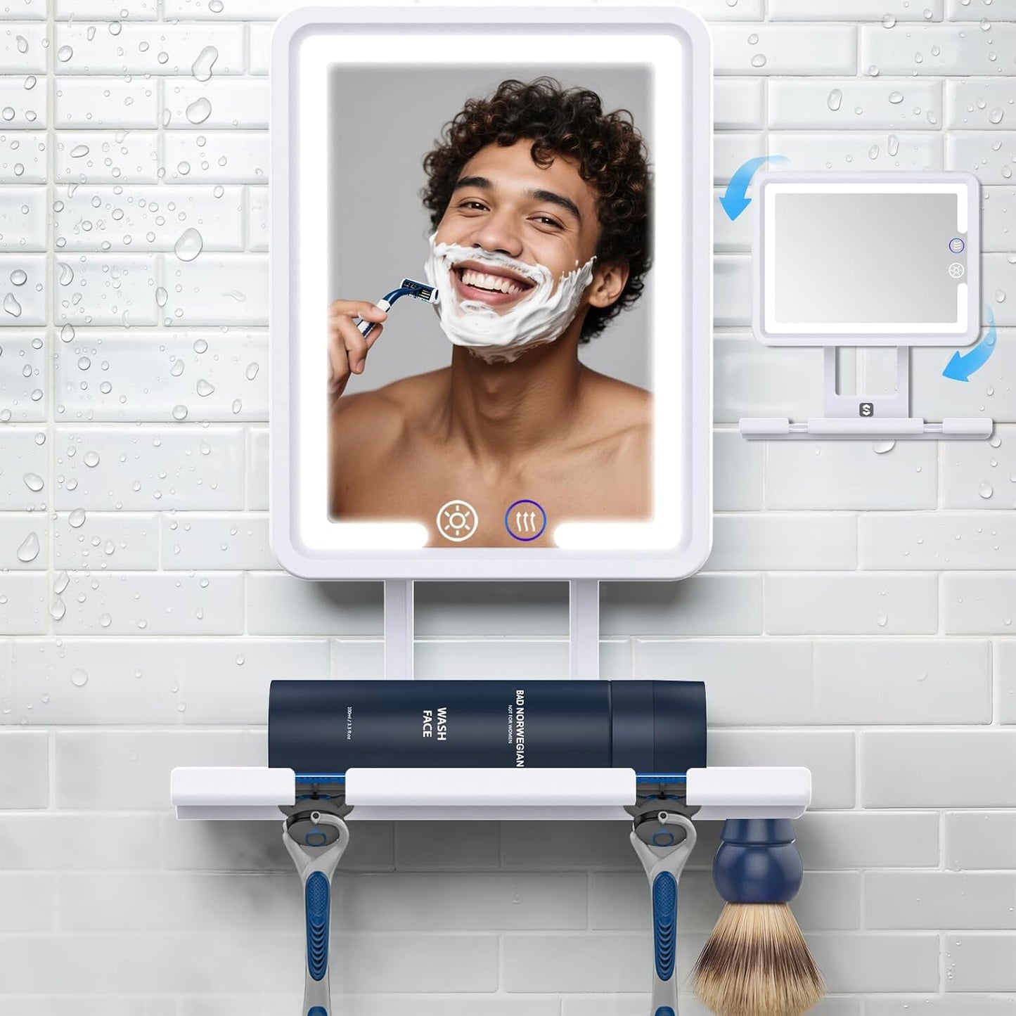 Heated Shower Mirror - Fogless Lighted Shaving Mirror with 360° Adjustable Design | Rechargeable, White